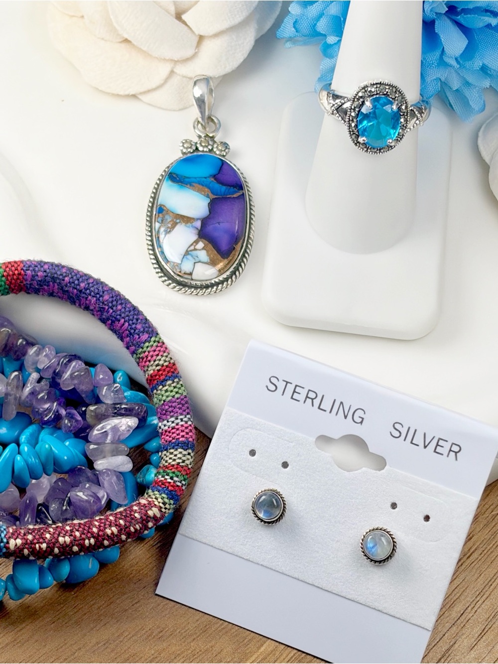 Sterling Silver 925 Blue Purple Turquoise Pendant Moonstone Studs Topaz Ring 7.5